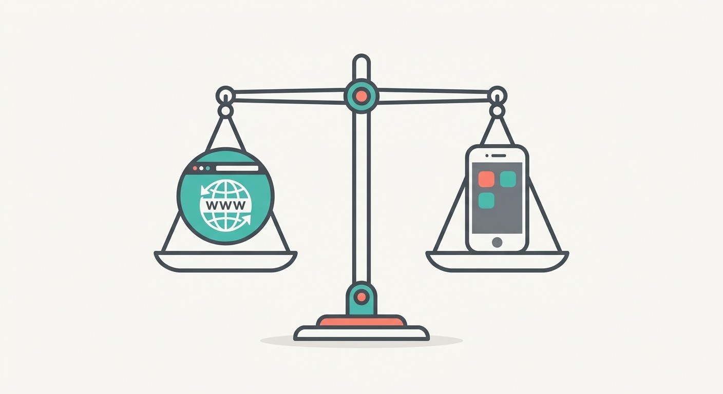 Balanced scale comparing a web browser and a smartphone, representing the web vs native tradeoff