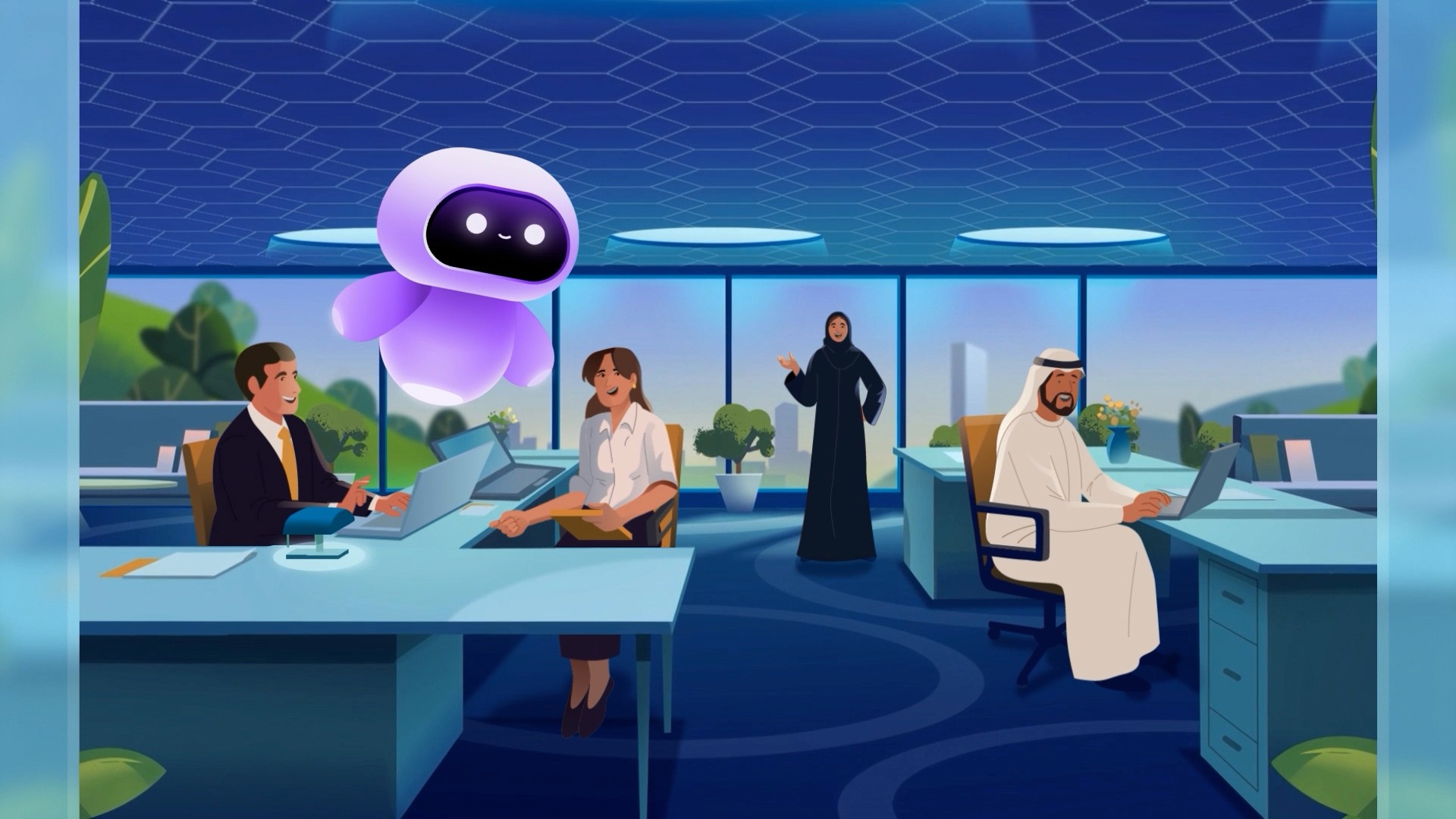 Illustration of a team working in a modern office with a floating AI assistant character