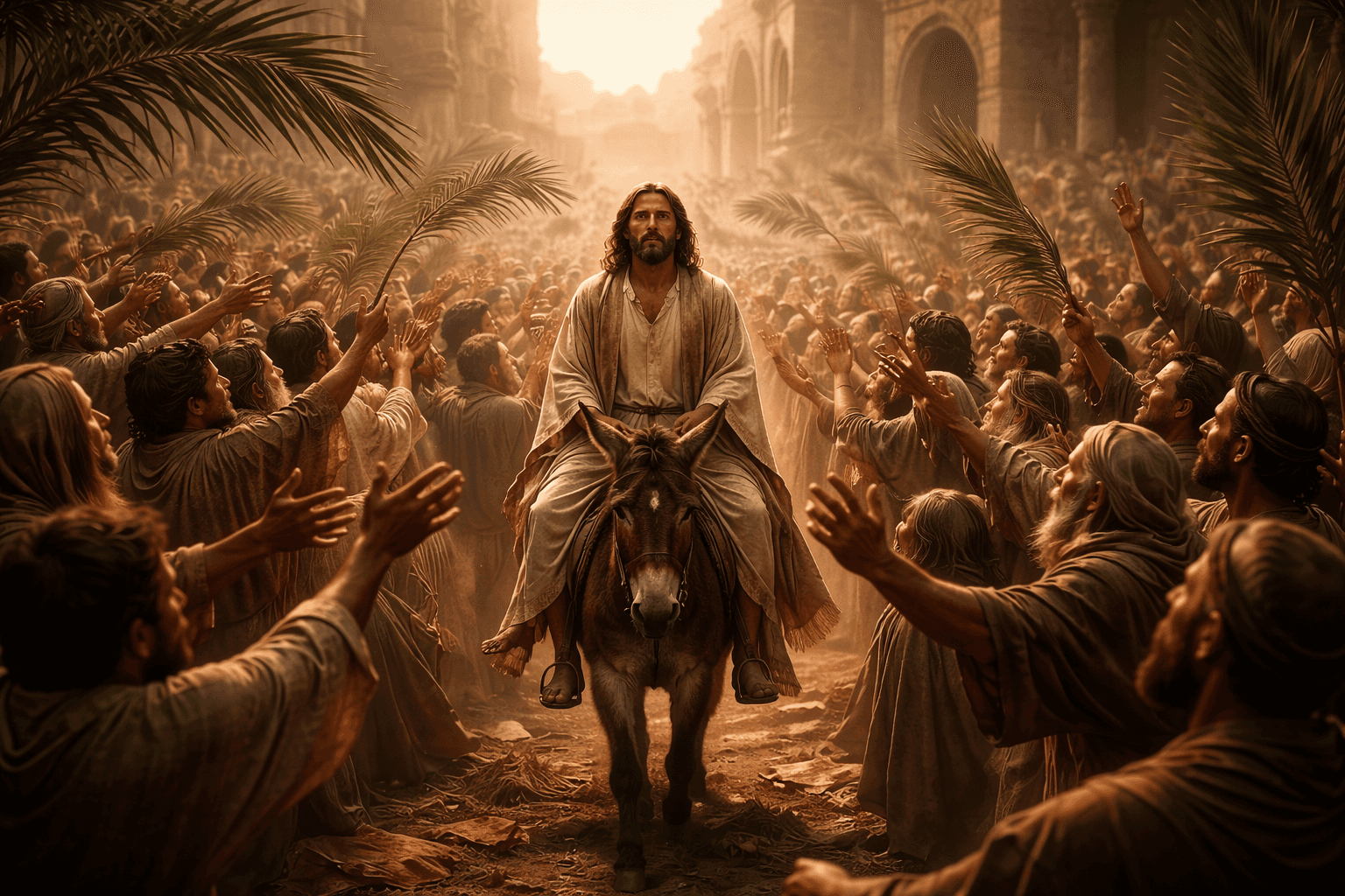 Cinematic image of Jesus entering Jerusalem on a donkey as crowds wave palm branches, symbolising the biblical meaning of Hosanna