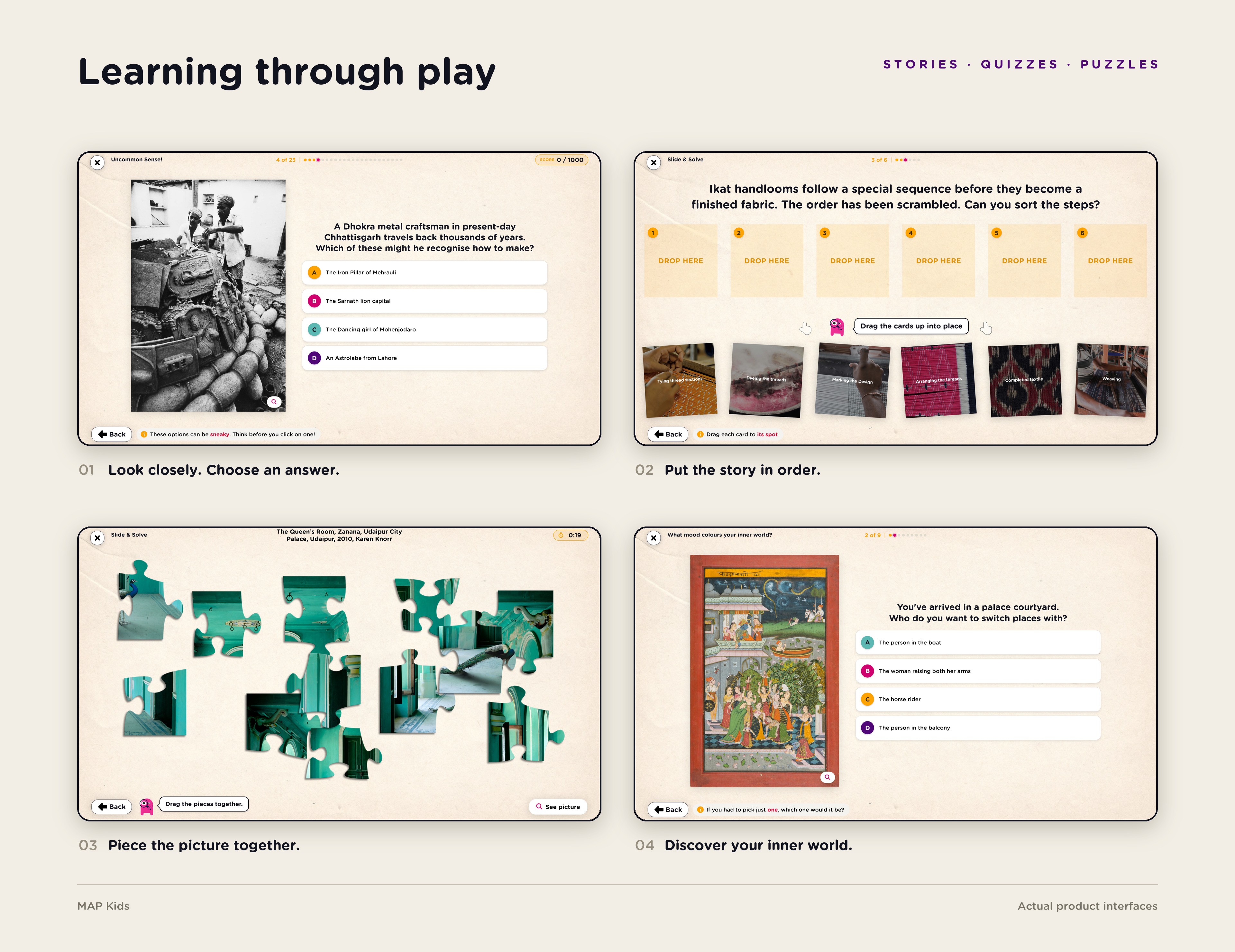 Four MAP Kids activity screens: a photo quiz, a textile sequence game, a jigsaw board mid-solve and a personality question