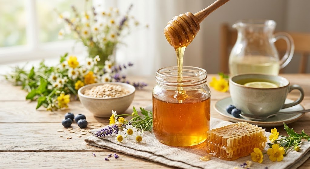 A beautiful close-up photograph of golden honey dripping from a wooden dipper into a glass jar. The jar is surrounded by a natural breakfast setting including fresh honeycomb, a bowl of oats, a cup of chamomile tea with lemon, fresh blueberries, and bouquets of wildflowers on a rustic wooden table.