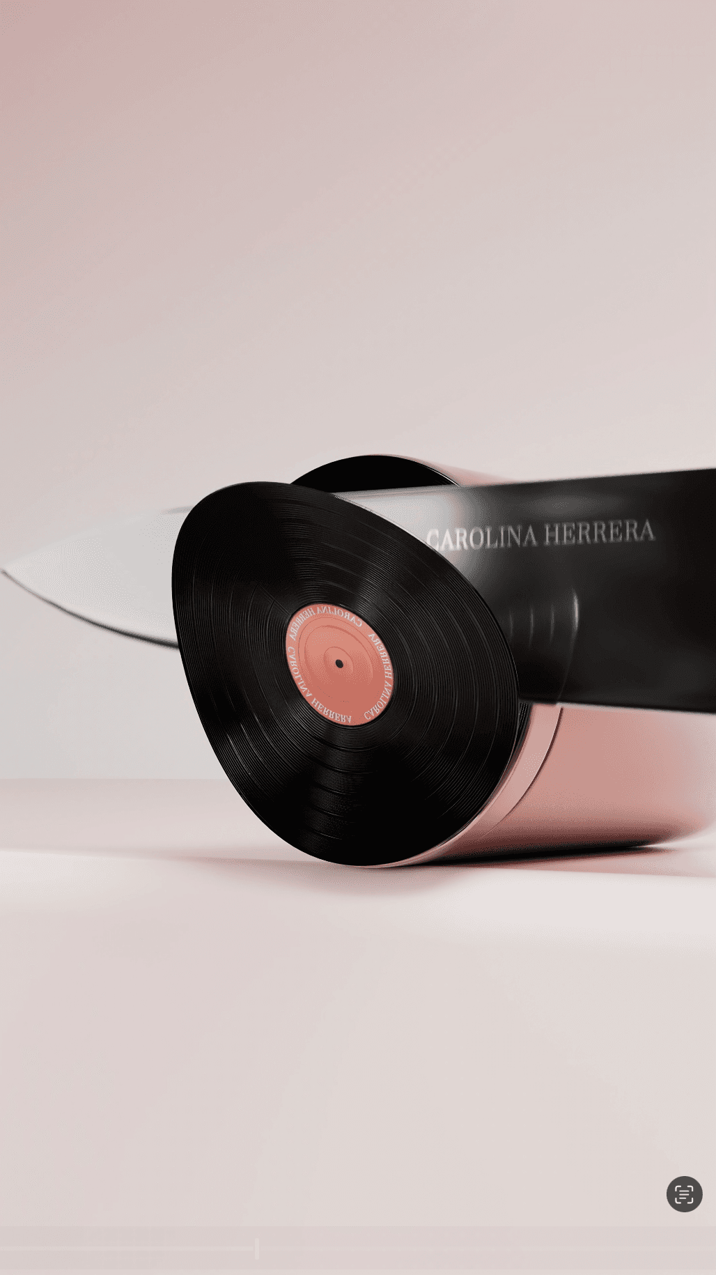 A Carolina Herrera branded vinyl record is being sliced by a large kitchen knife in a 3D motion graphic