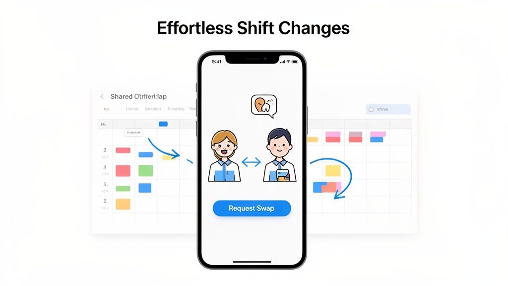 A mobile app interface showing two employees swapping shifts on a digital work schedule.