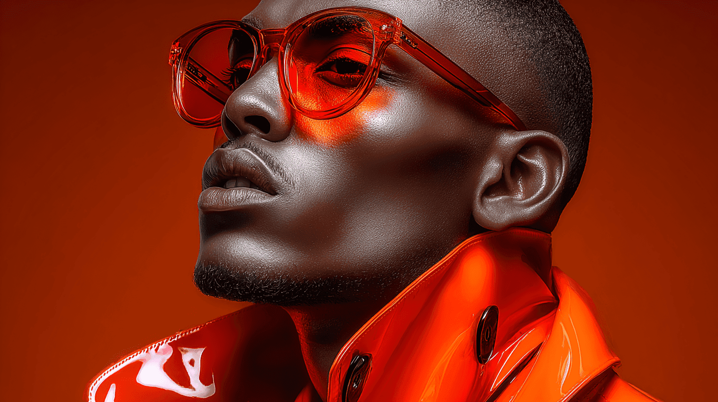 A stylish man with dark skin wears red sunglasses and a shiny orange jacket, captured in a creative fashion portrait