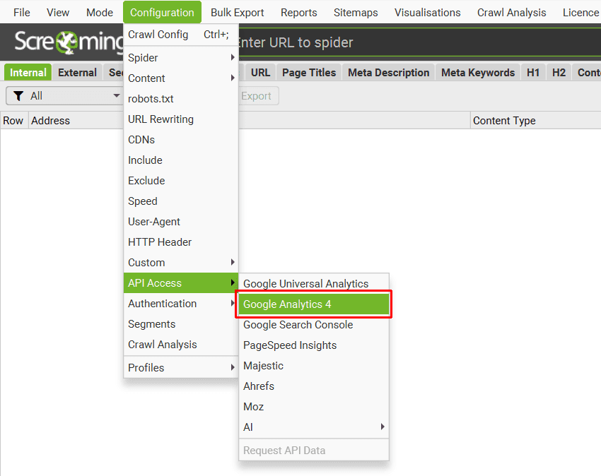 Menü API Access in Screaming Frog mit markiertem Google Analytics 4, um Crawl-Daten mit Performance zu verknüpfen