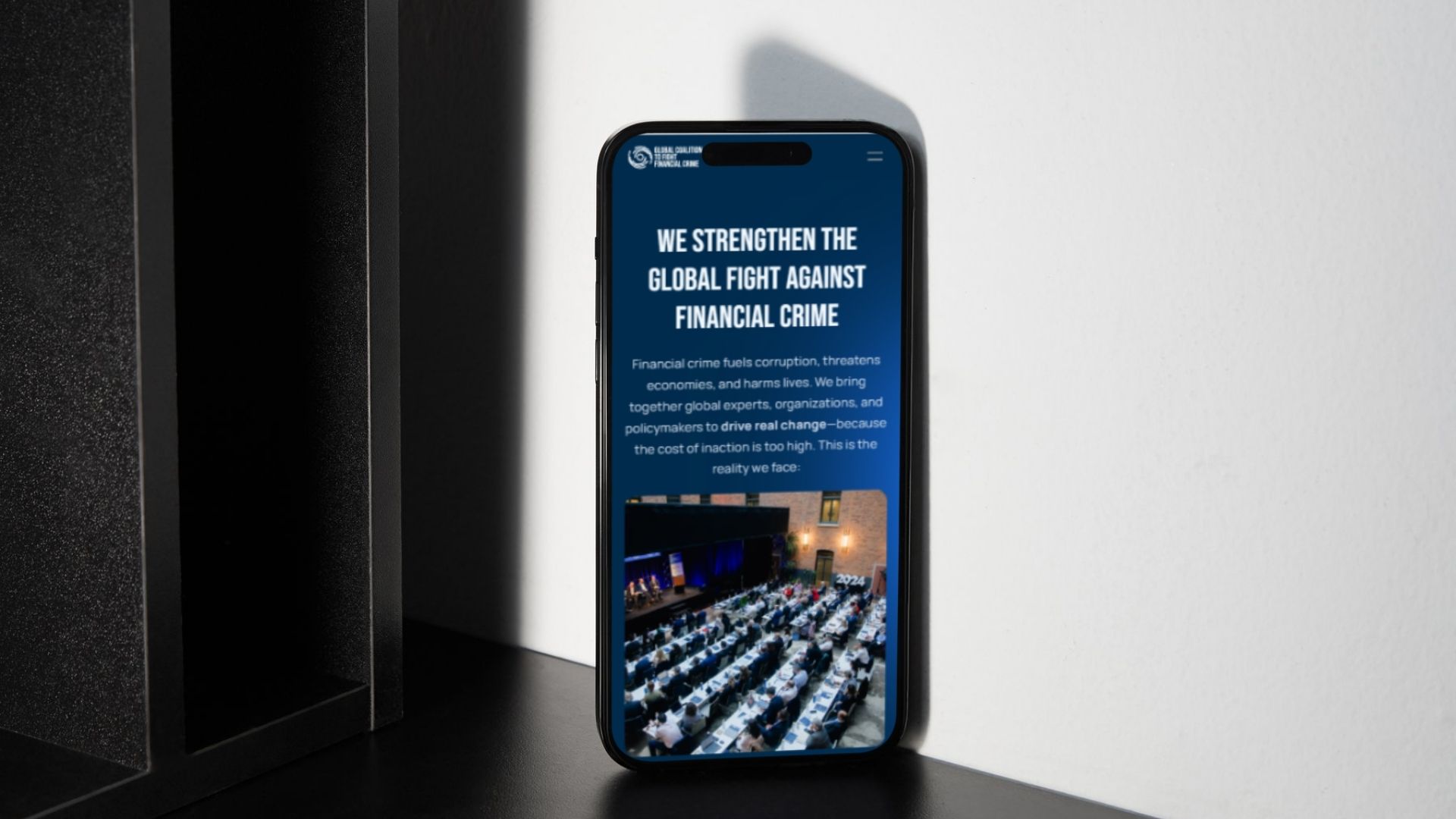 Responsive homepage design for the Global Coalition to Fight Financial Crime, redesign created in Framer