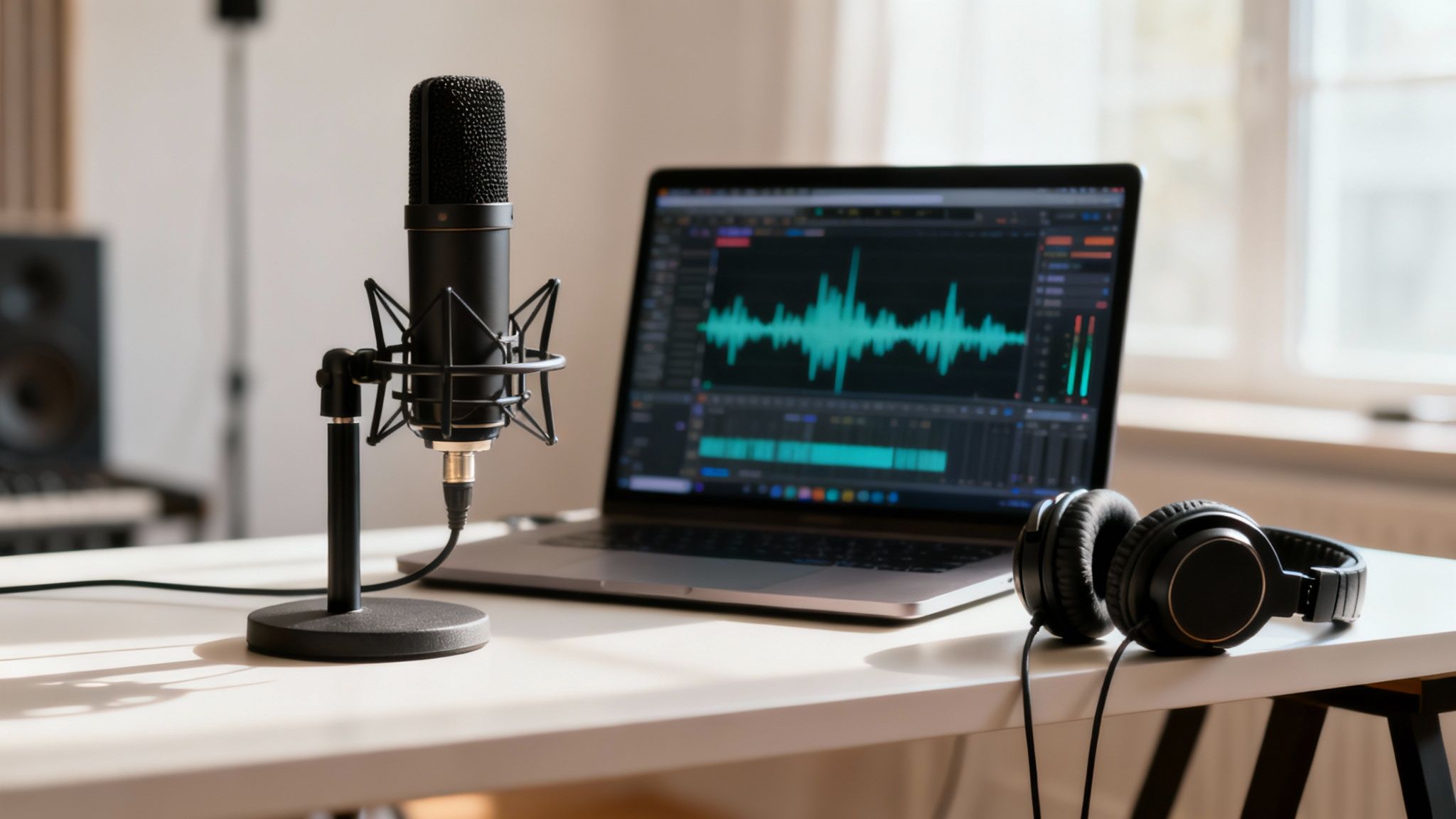 A person recording a song in a home studio setup