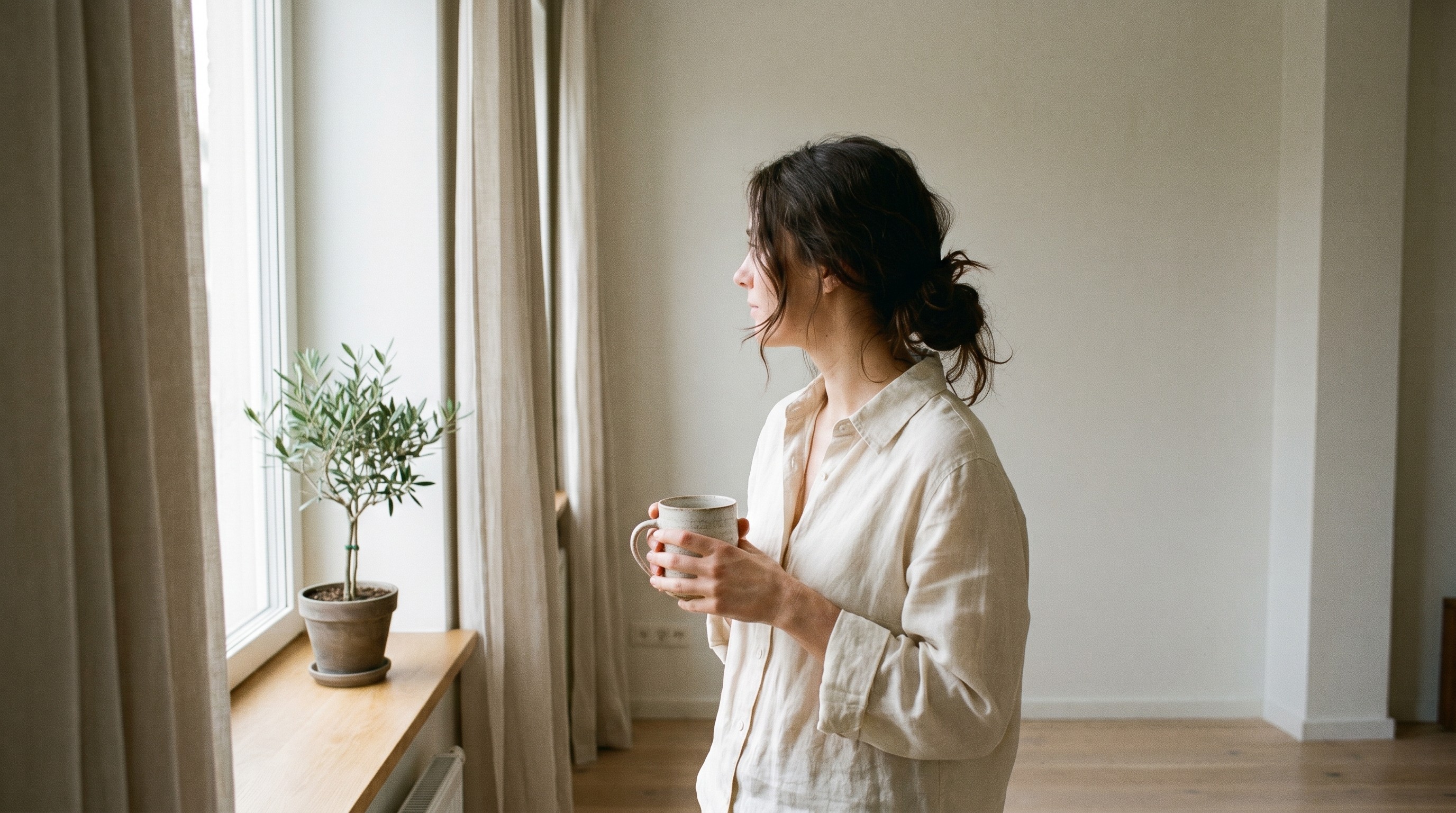 Thoughtful woman in soft daylight near a window holding a ceramic mug in a minimalist apartment