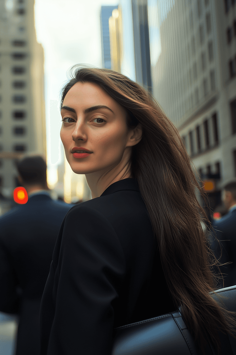 Woman with long brown hair turning to look over her shoulder on a city street.