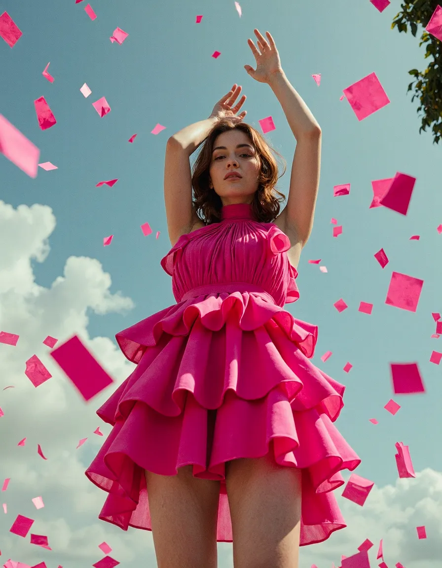Woman in dramatic pink ruffled dress with confetti falling against blue sky, AI-generated fashion photography