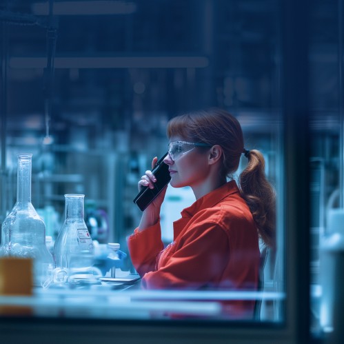 A lady from chemical lab speaking in phone, wearing ed jacket 