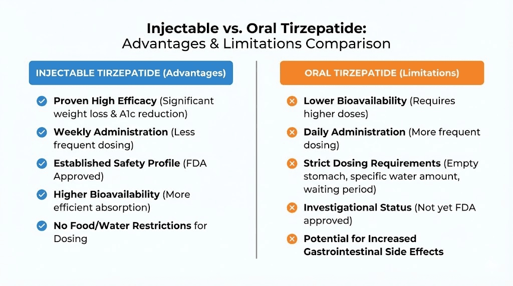 Injectable versus oral tirzepatide pros and cons comparison