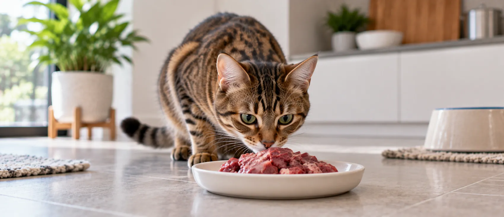 A Bengal cat eats raw meat served on a plate directly on the kitchen floor.