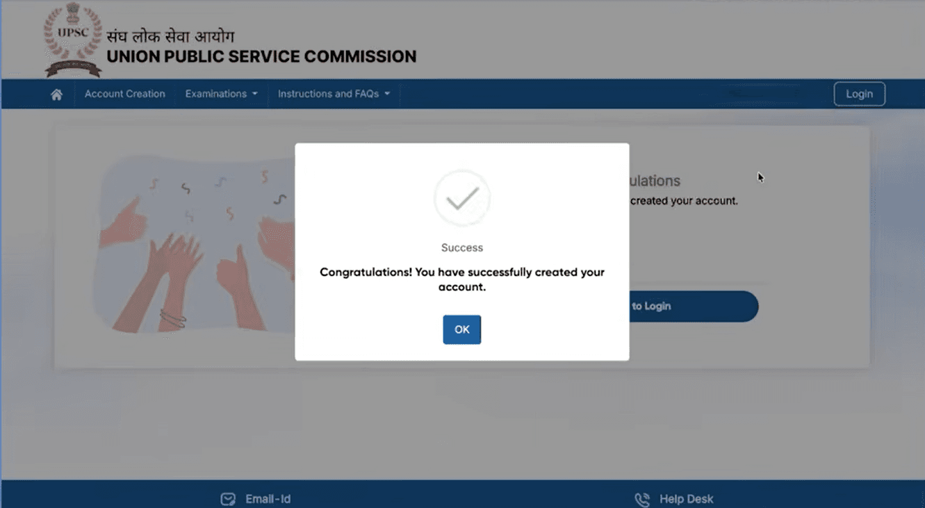 UPSC One Time Registration success message confirming account creation
