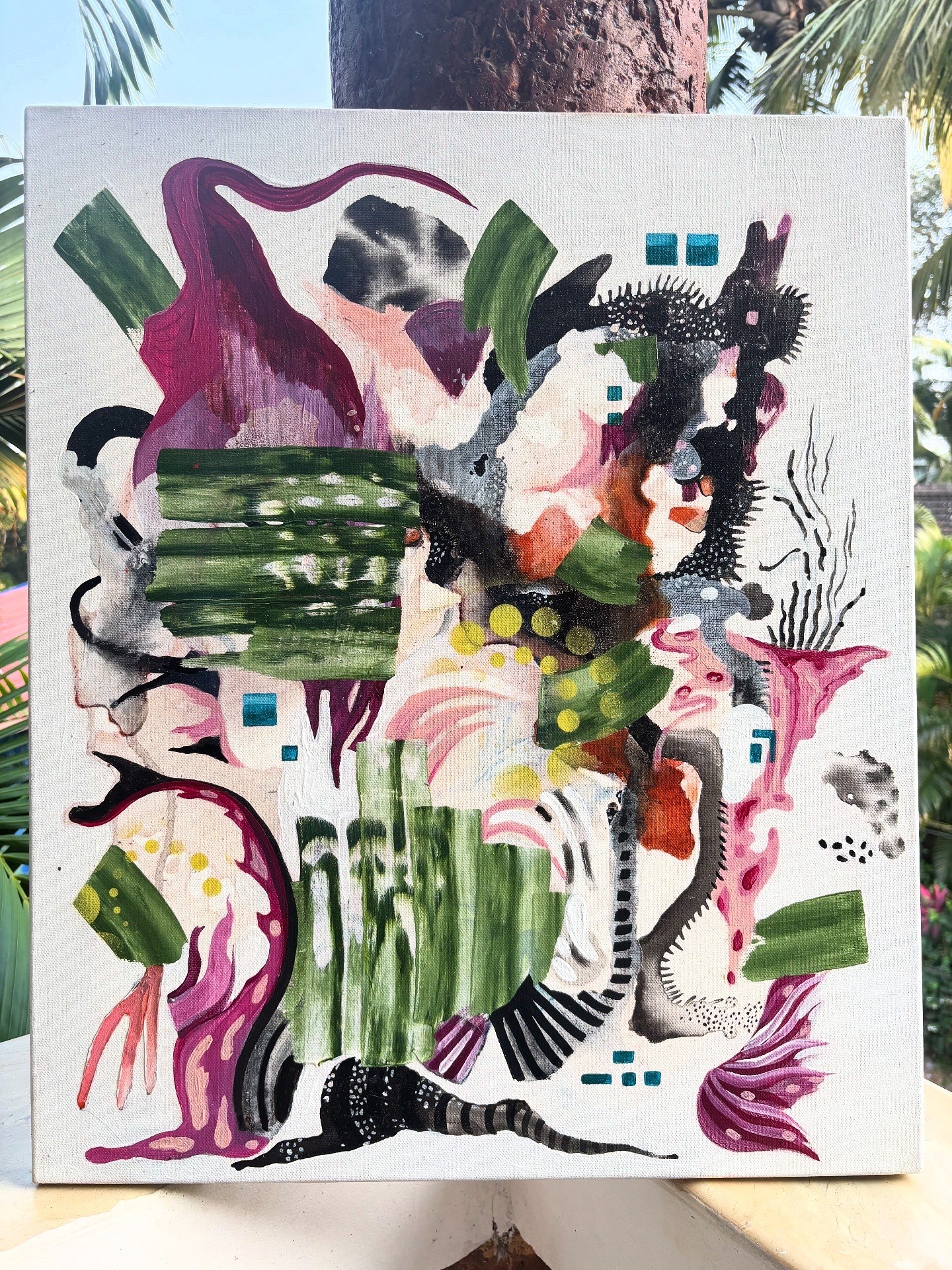 herd of sheep on road painting