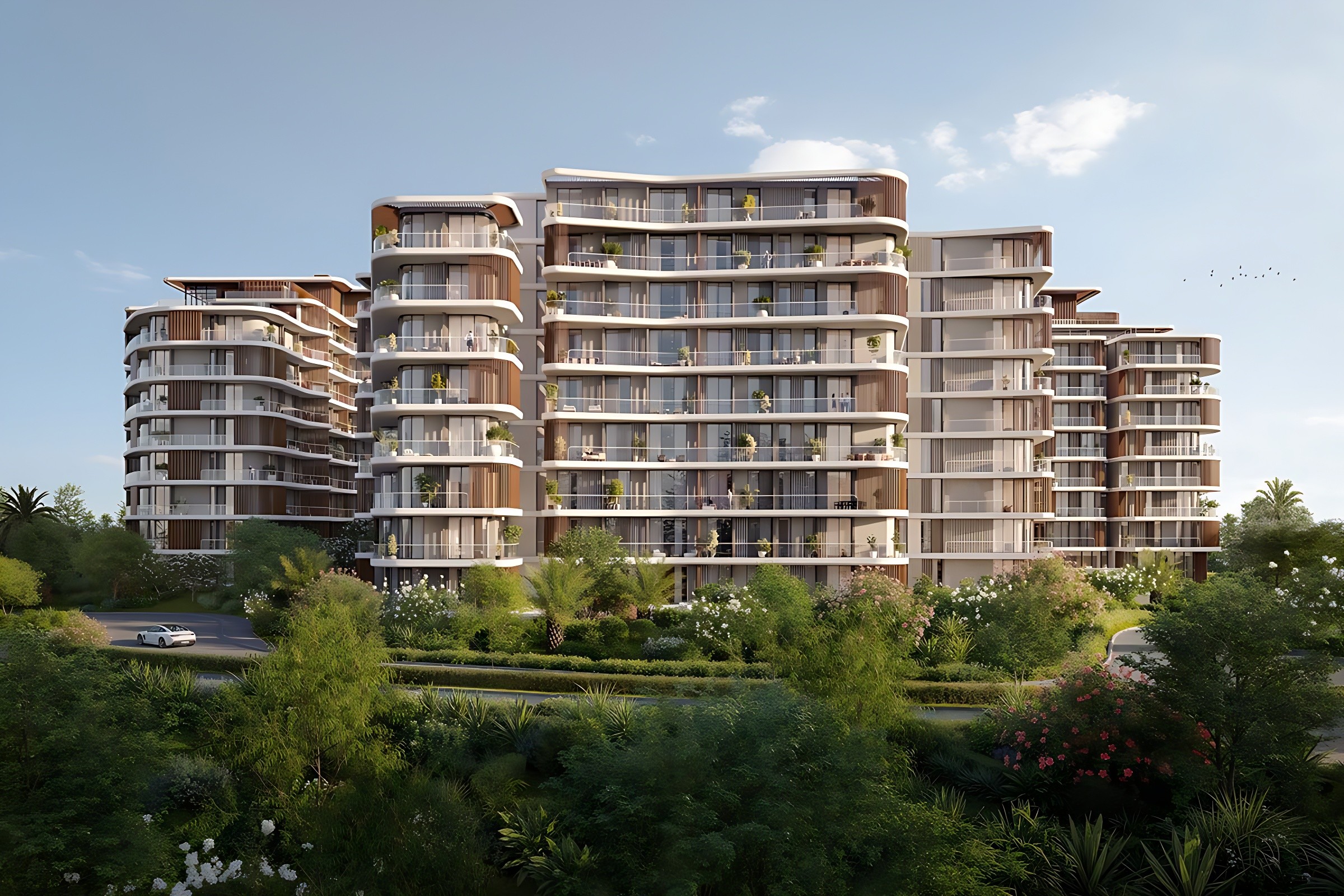 Artist's impression of The Cape Al Barari, a new apartment complex in Alanya, showcasing modern architecture and urban design.