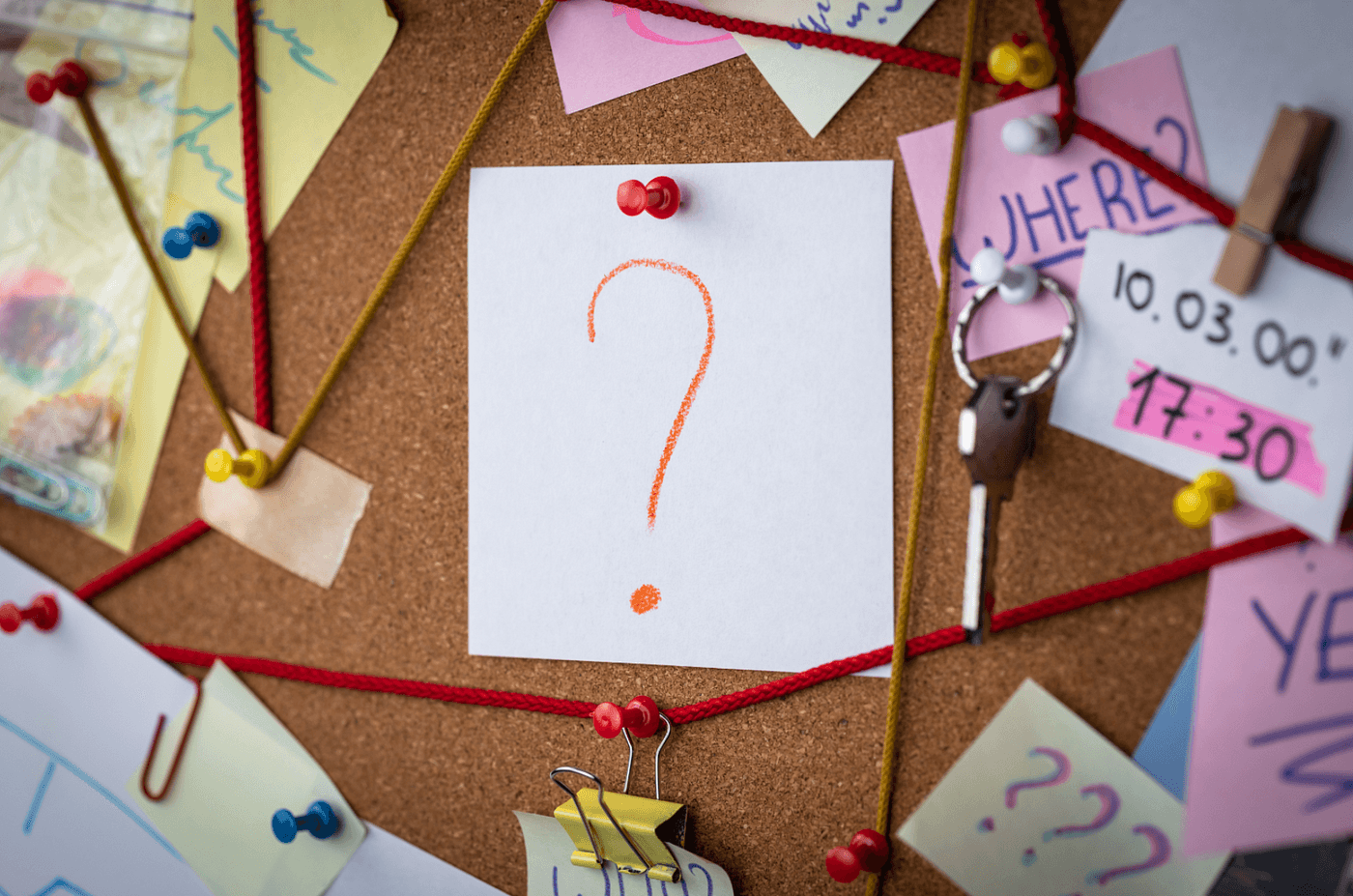 A detective board with a red question mark drawn on a white piece of paper in the middle and evidence pinned all around it with string connecting the evidence.
