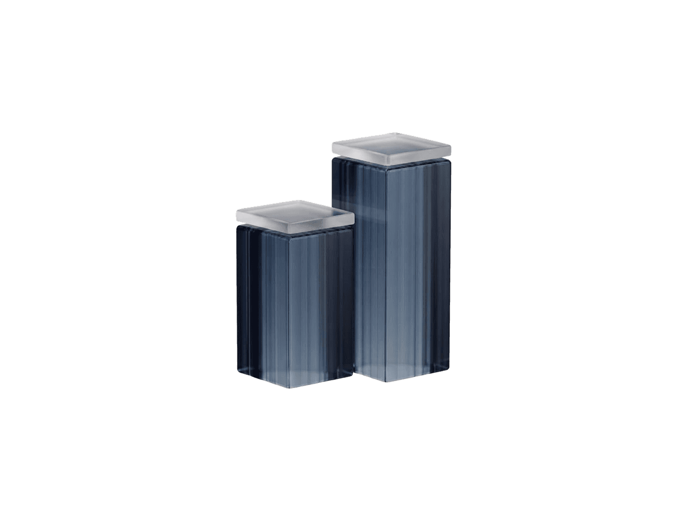 two tall dark blue glass boxes with square lids, side by side
