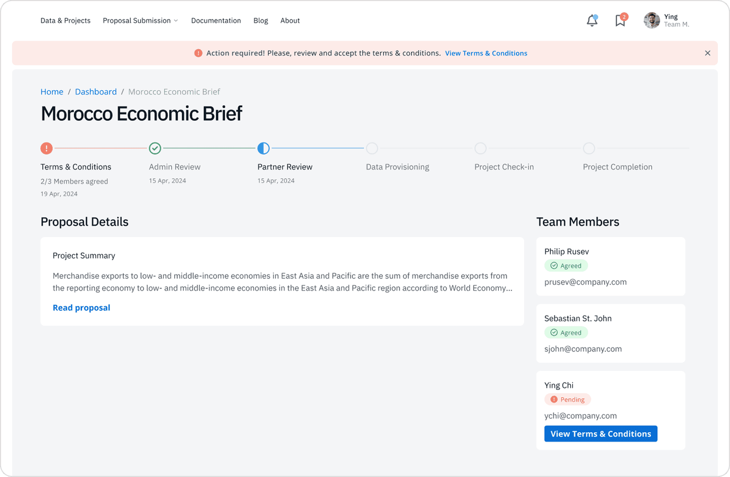 Desktop portal UI for a non-profit showing the first step of the process, which is terms and conditions