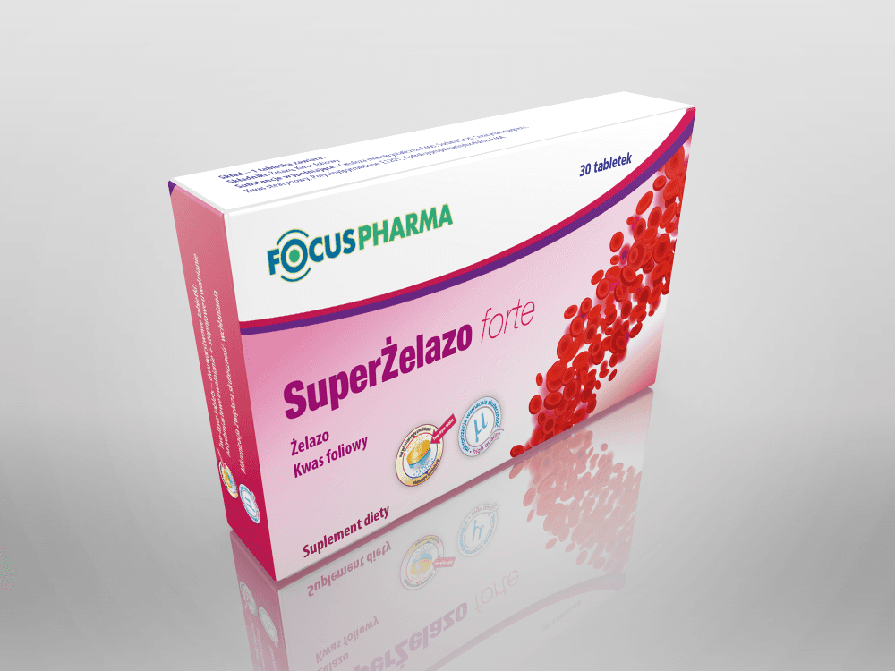 The image depicts a box of "Super Żelazo (Iron Forte)" dietary supplement by Focuspharma, featuring vibrant red blood cells and nutritional information on a sleek pink and white packaging design.