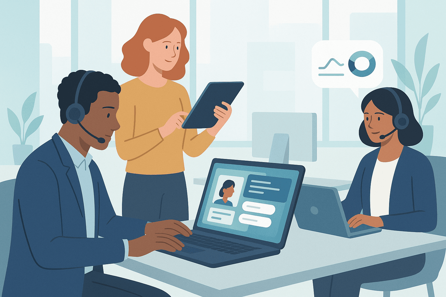 Diverse call center agents using AI-powered simulations and microlearning for modern training in a hybrid workspace.