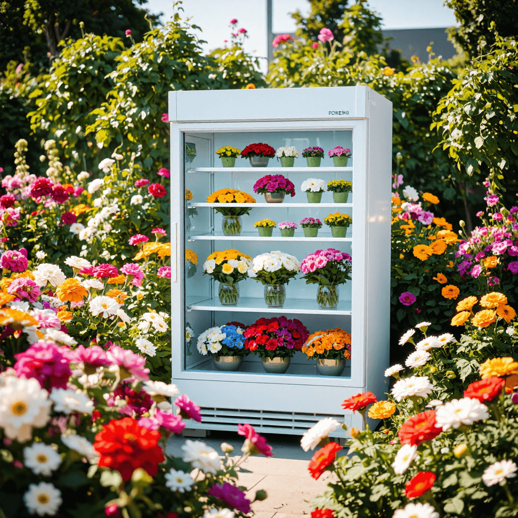 product photography of a display refrigerator for flowers