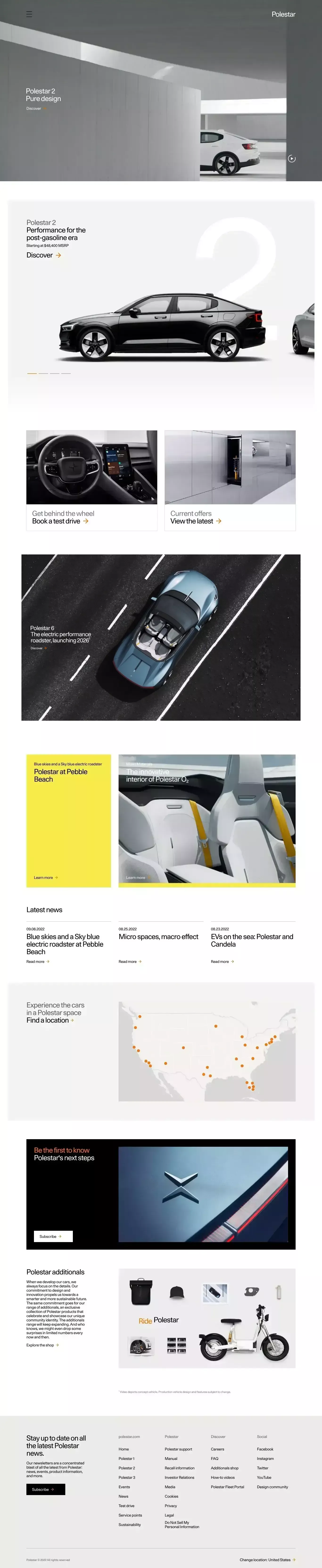 Polestar – Elektroautos landing page screenshot showcasing Tech and Automotive design