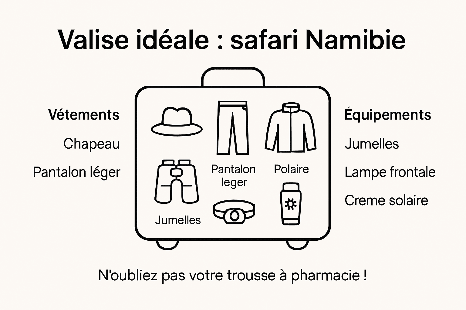 Checklist visuelle : que mettre dans sa valise pour un safari en Namibie ?