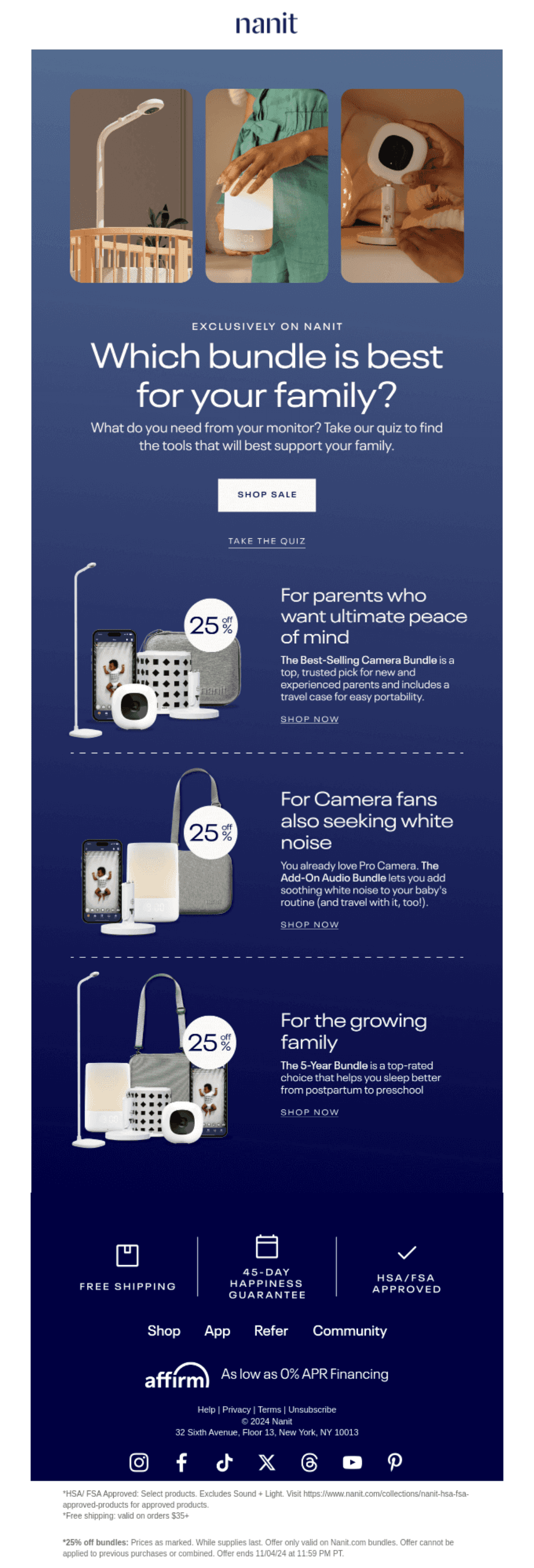 "Nanit email offering a quiz to find the best baby monitor bundle, with visually distinct sections tailored to different family needs, like noise reduction and long-term support, and a 'Shop Sale' button