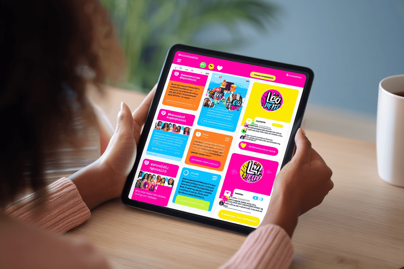 Person holding a tablet displaying colorful graphics and text, with a plant and a coffee cup in the background.