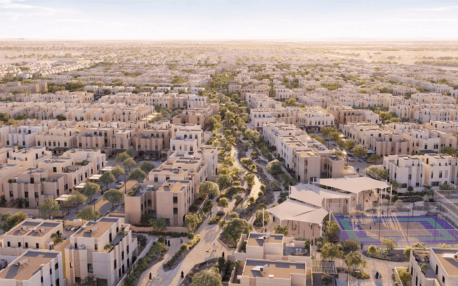 لقطة خارجية لمشروع روشن الرياض توضح الممرات الخضراء والمساحات المفتوحة.