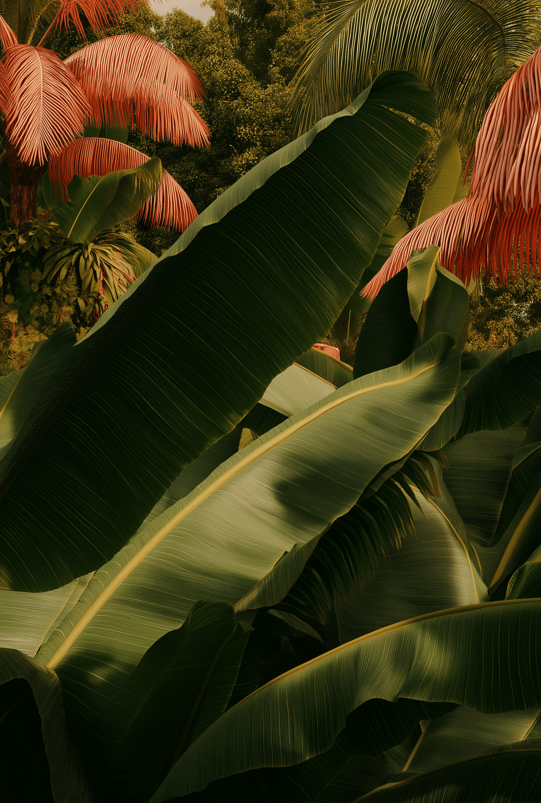 A close-up of large banana leaves, exotic plants, in the style of Daniel Garber. In the background is an abstract garden with bold colors, golden light, dark green and pink, surrealistic detail, hyper-realistic, photorealistic, reminiscent of National Geographic photography.