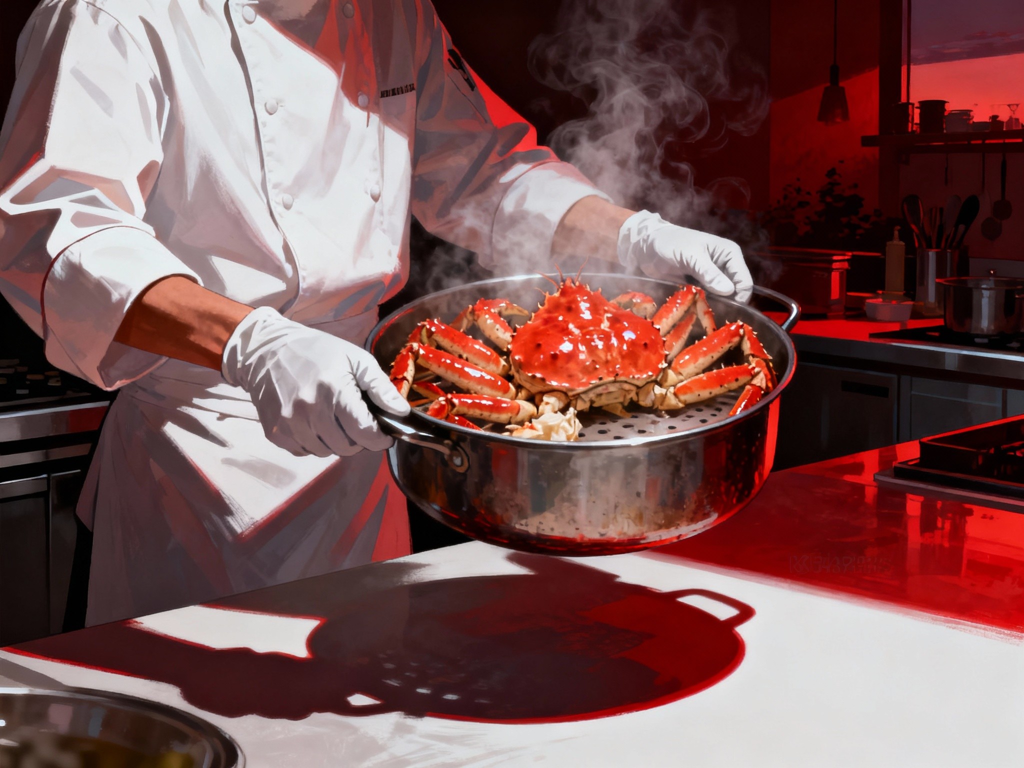 An expansive illustration of a gourmet kitchen at dusk with a steaming pot of snow crab legs being