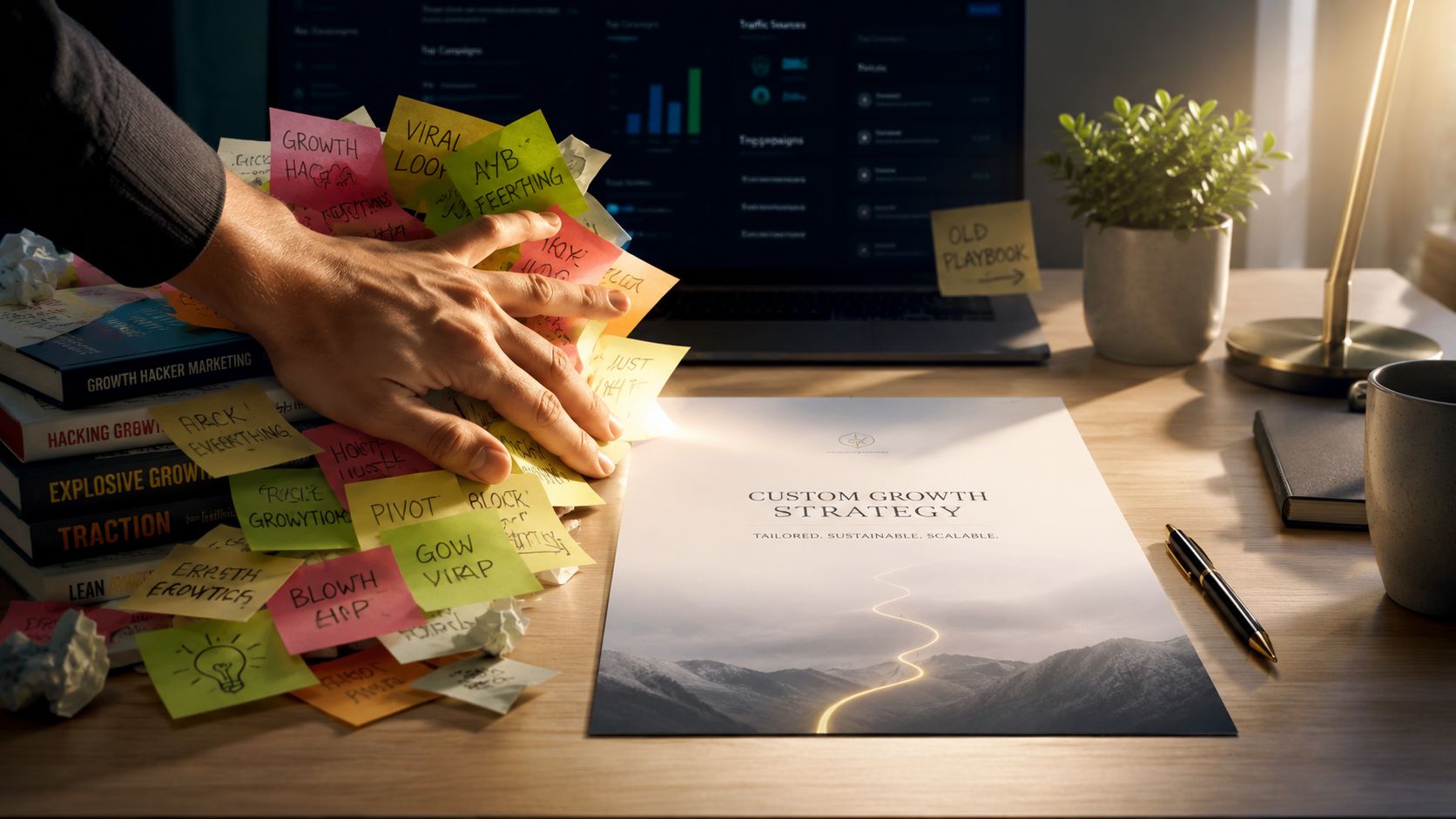 A workspace featuring a growth strategy report, a messy pile of sticky notes, and marketing books.
