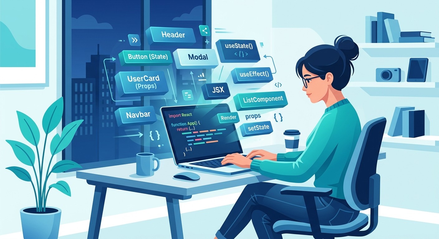 Illustration of a developer writing code on a laptop with React component blocks floating on screen.