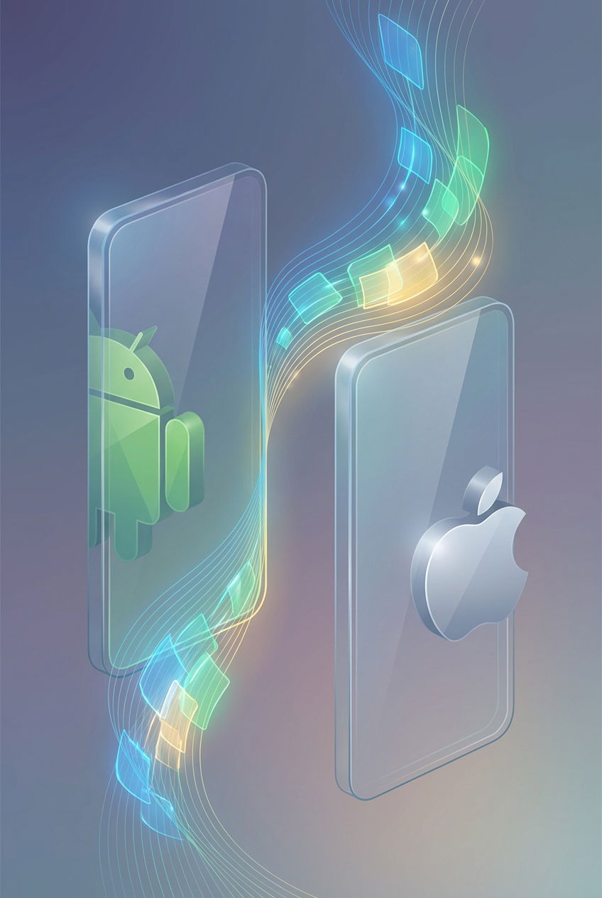 Abstract illustration of Google and Apple collaboration with stylized Android and iPhone devices and symbolic data transfer