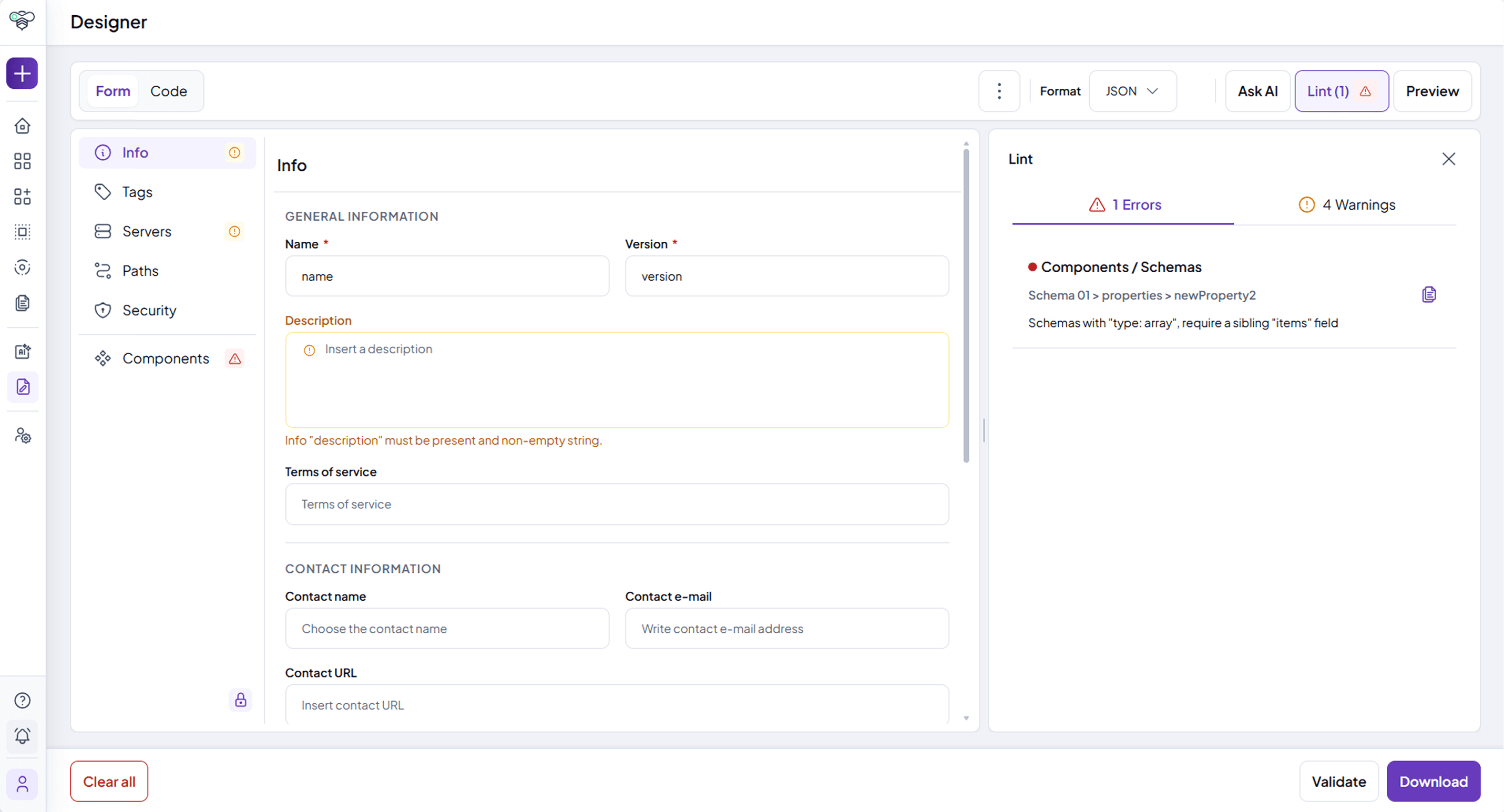 API Designer lint panel listing the errors and warnings found in the specification