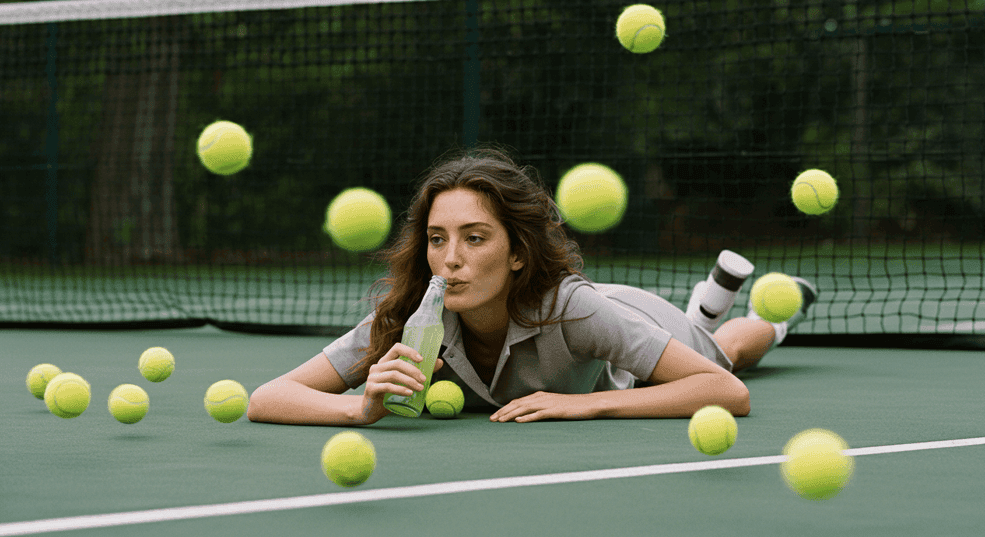 Women laying on tennis court drinking a schweppes with tennis balls flying around