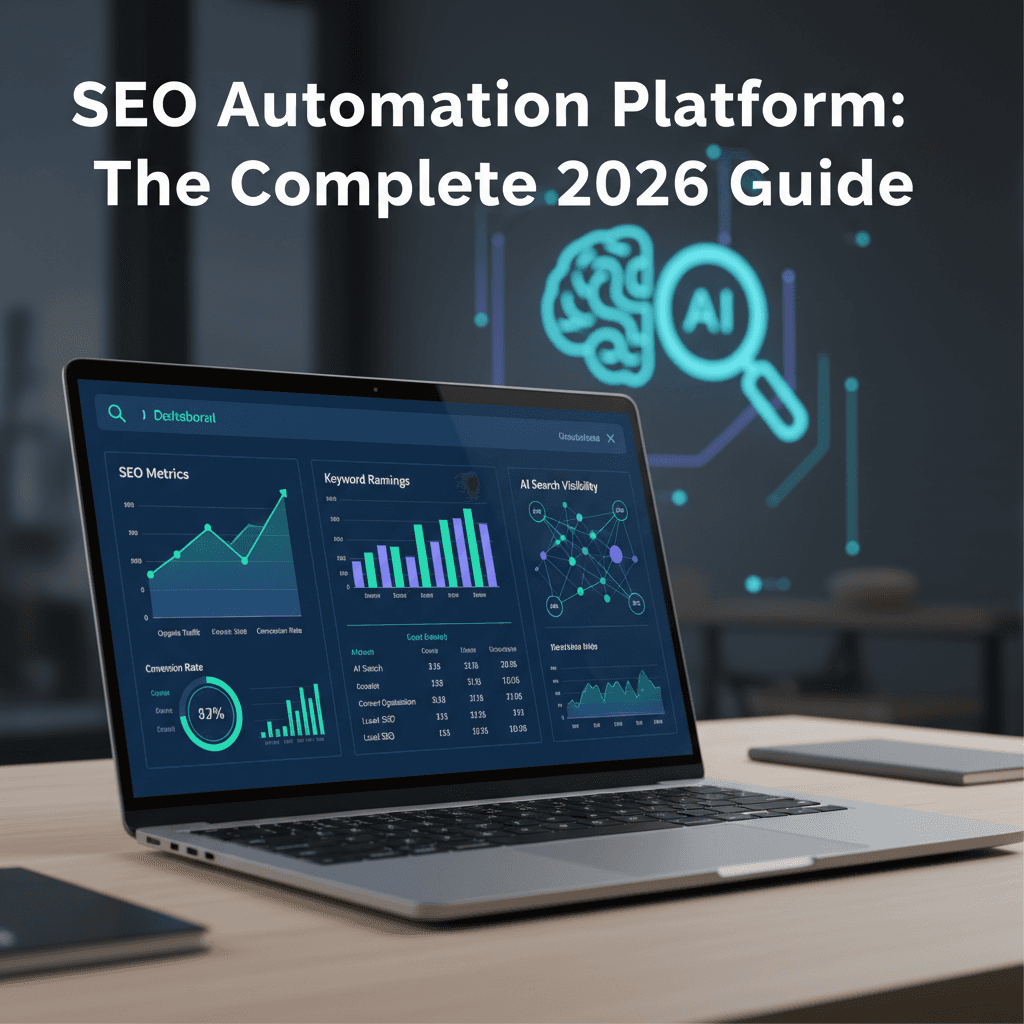 SEO automation platform dashboard displaying keyword rankings and AI search visibility metrics on a laptop screen