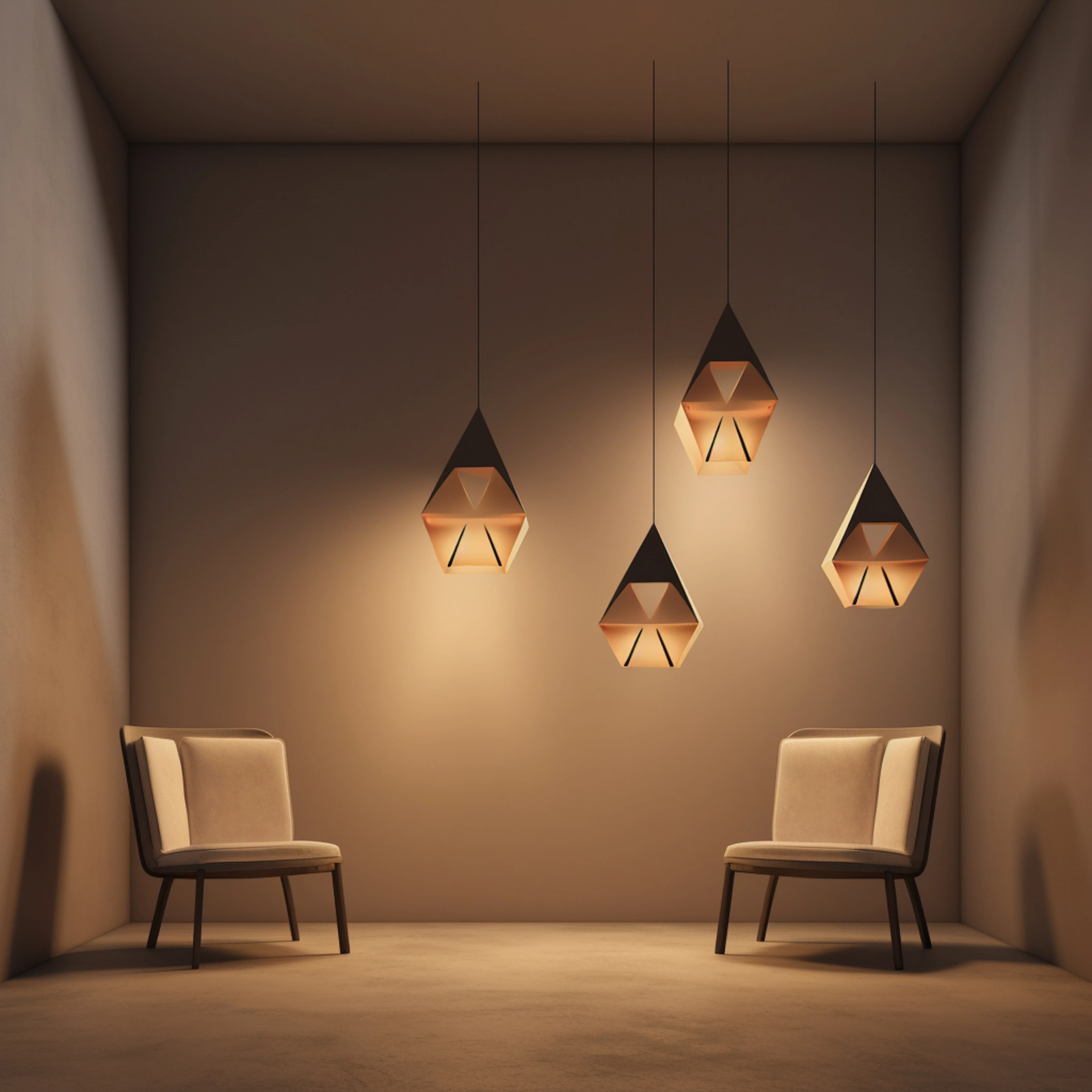 Stylish waiting area with diamond-shaped pendant lights suspended above two minimal armchairs.