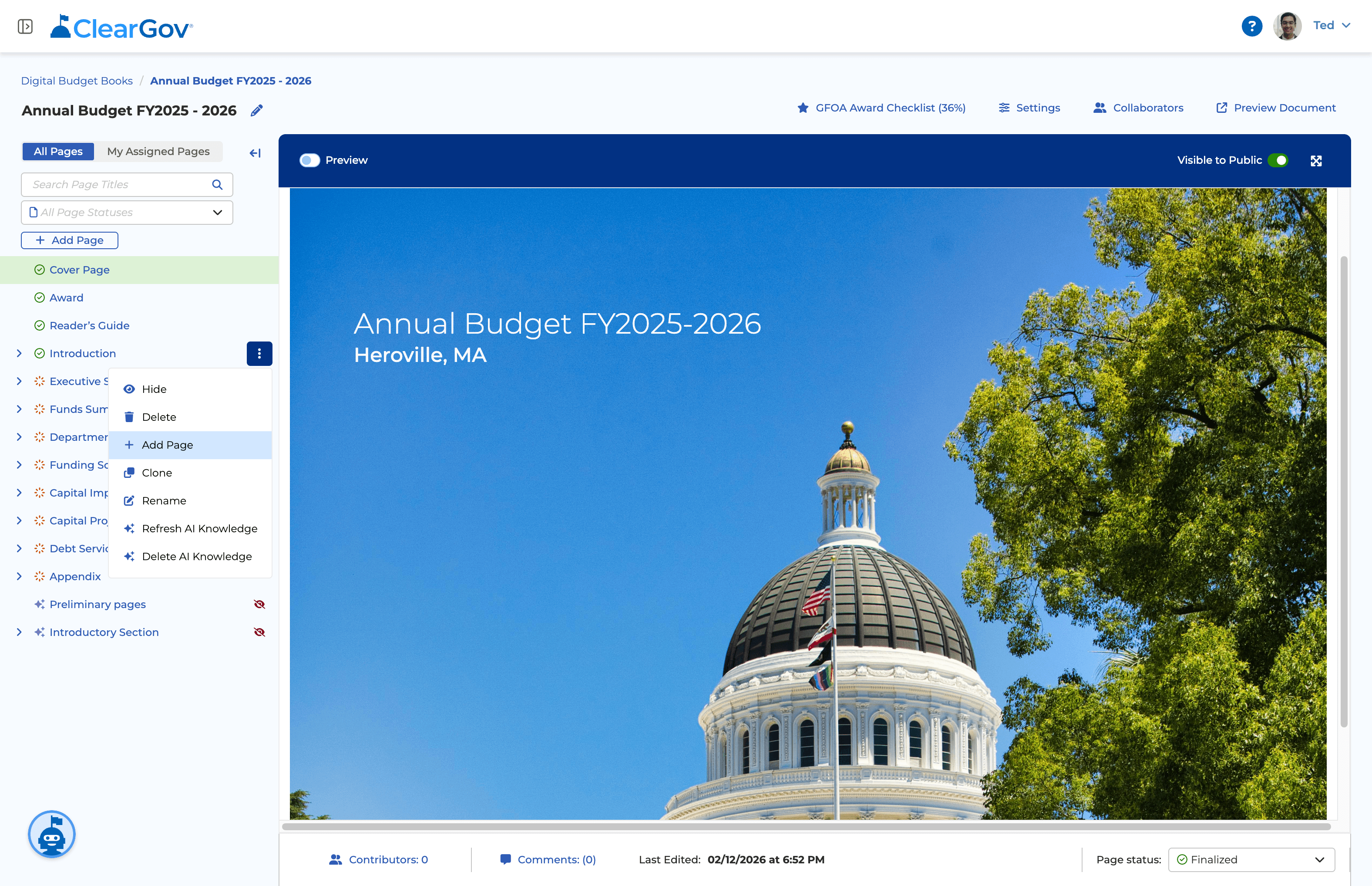 Screenshot of ClearGov's digital budget book publishing system 