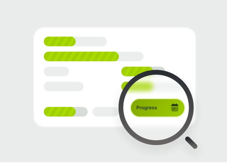 Interface illustration showing progress bars and a magnifying glass highlighting “progress,” symbolizing OneAvant’s automated scheduling and production monitoring system.