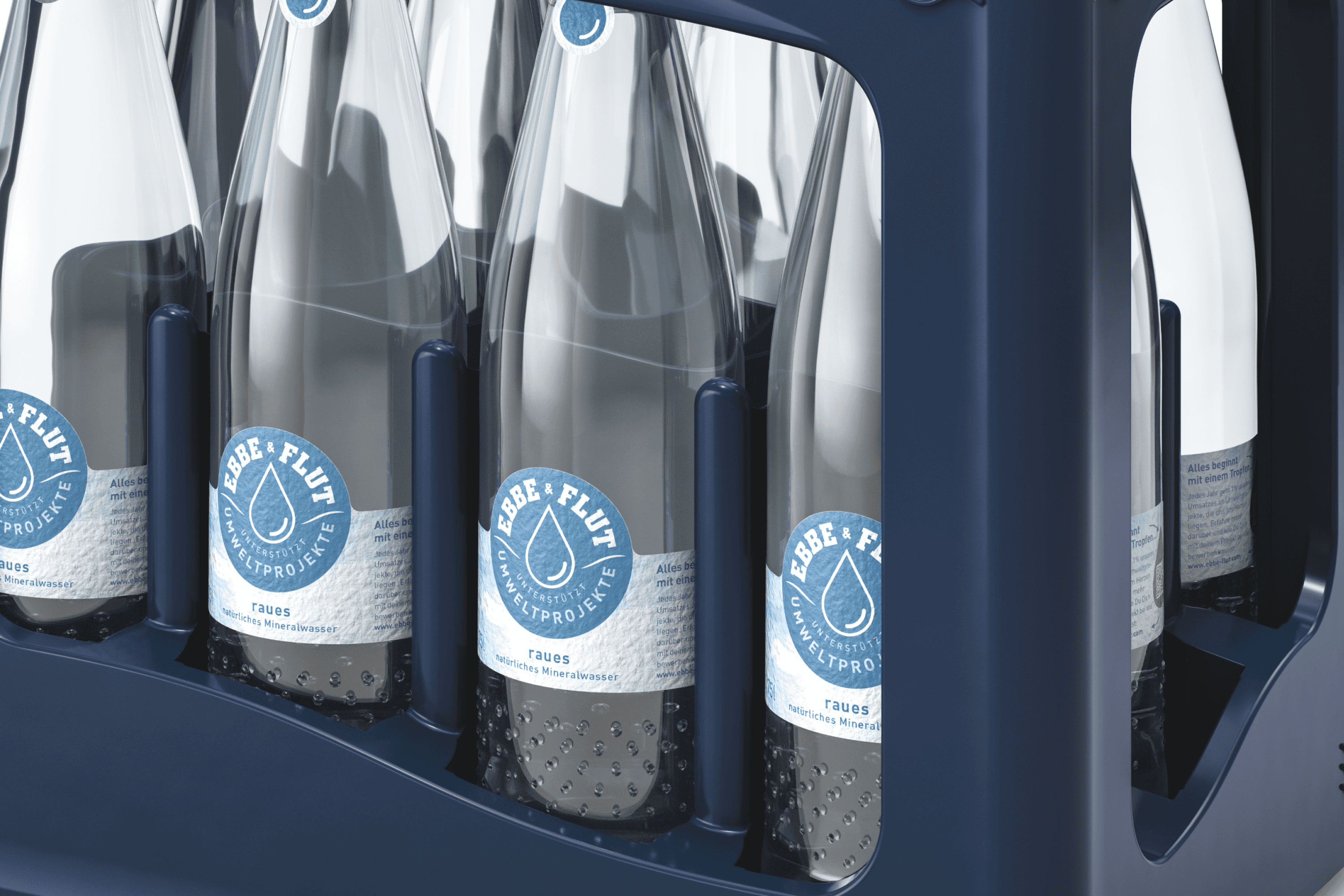 Bottles of water in a blue carrier rack.