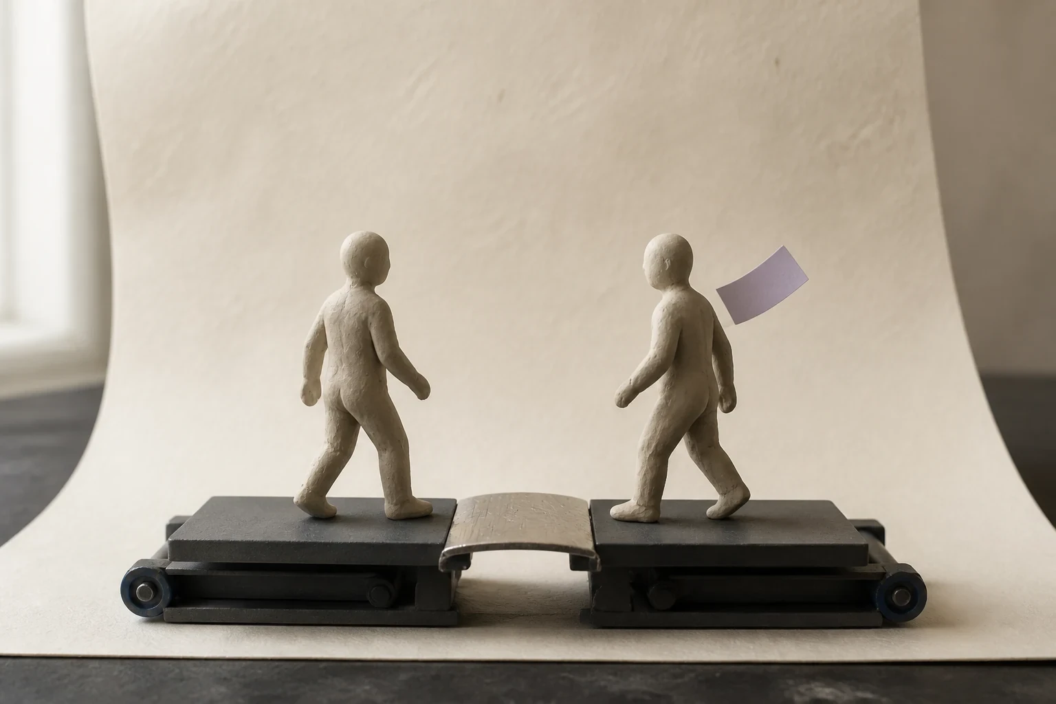 Two matte clay figures balance on separate mechanisms while a small metal bridge aligns their movement at a shared contact point.