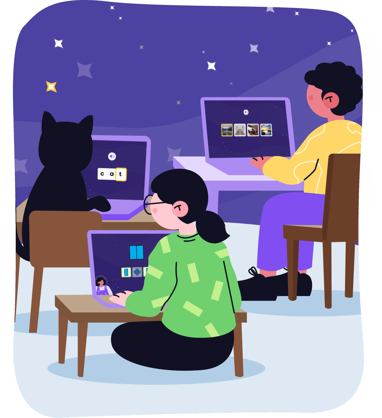 Children in classroom using computers for screening