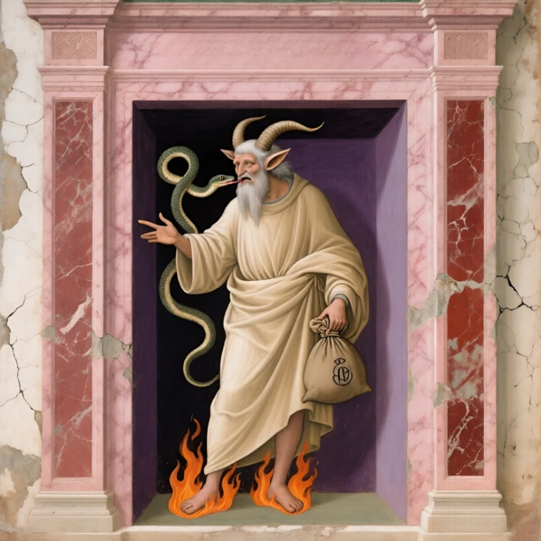 ein altes gemälde, ein man hat einen geldsack in der hand, er hat hörner, eine schlage beißt ihn und seine füße brennen