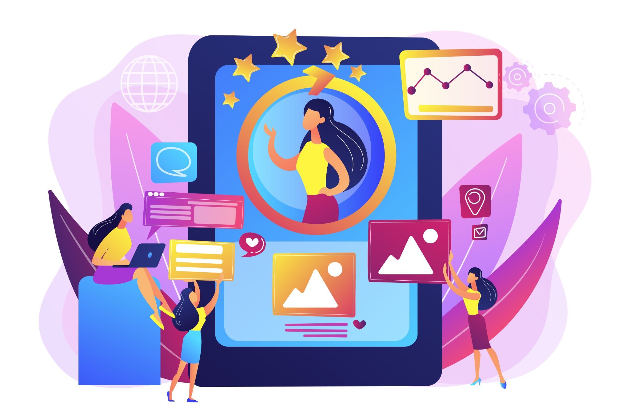 Marketing team managing an influencer profile on mobile with content, analytics, and engagement