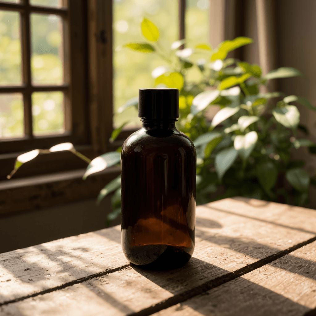 product photography of a bottle of natural essential oil