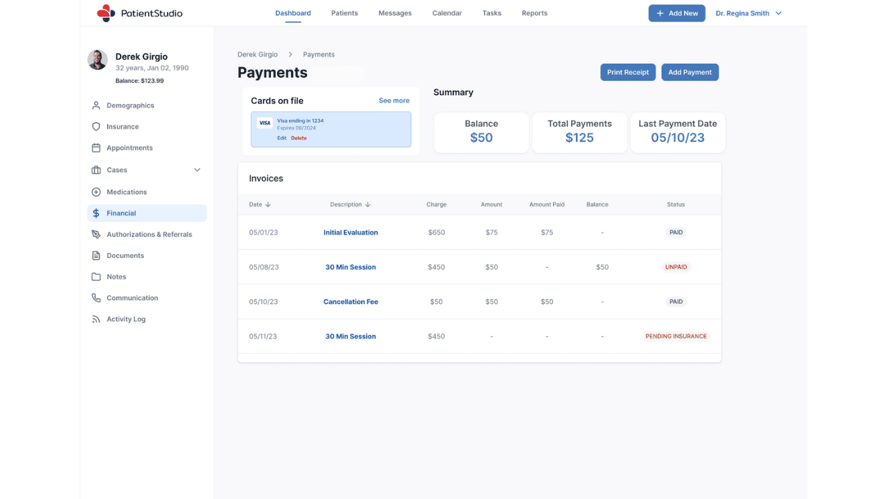 PatientStudio Financials Screenshot