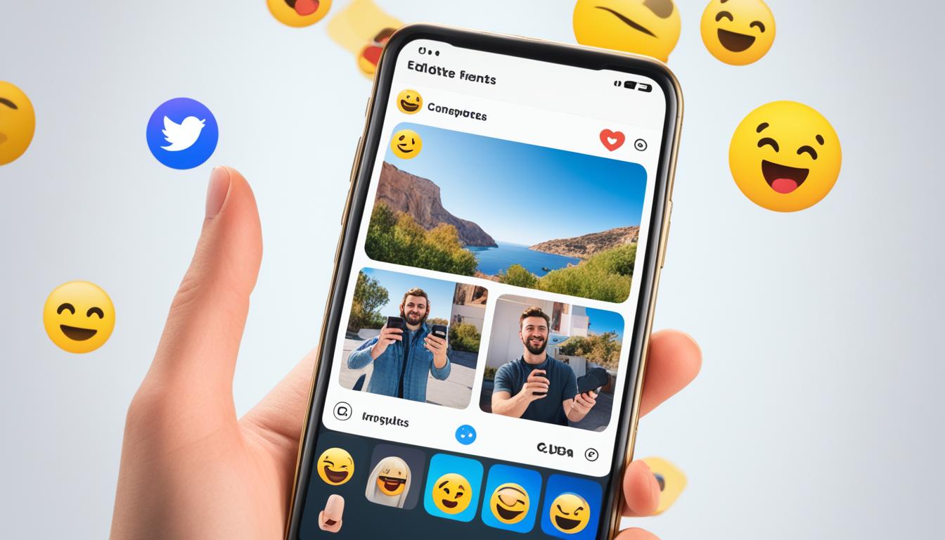 A pair of hands holding a phone and taking a photo of a subject, with various emojis representing the different editing tools available on Instagram Stories floating above them.